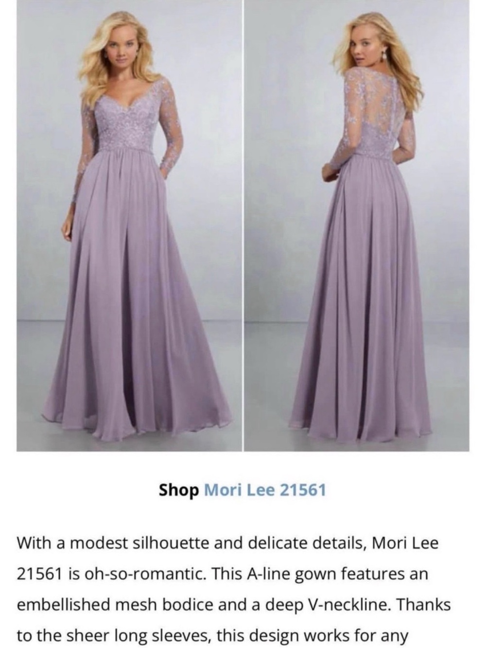 Mori Lee Lilac Lace A-Line Gown with Sheer Long Sleeves